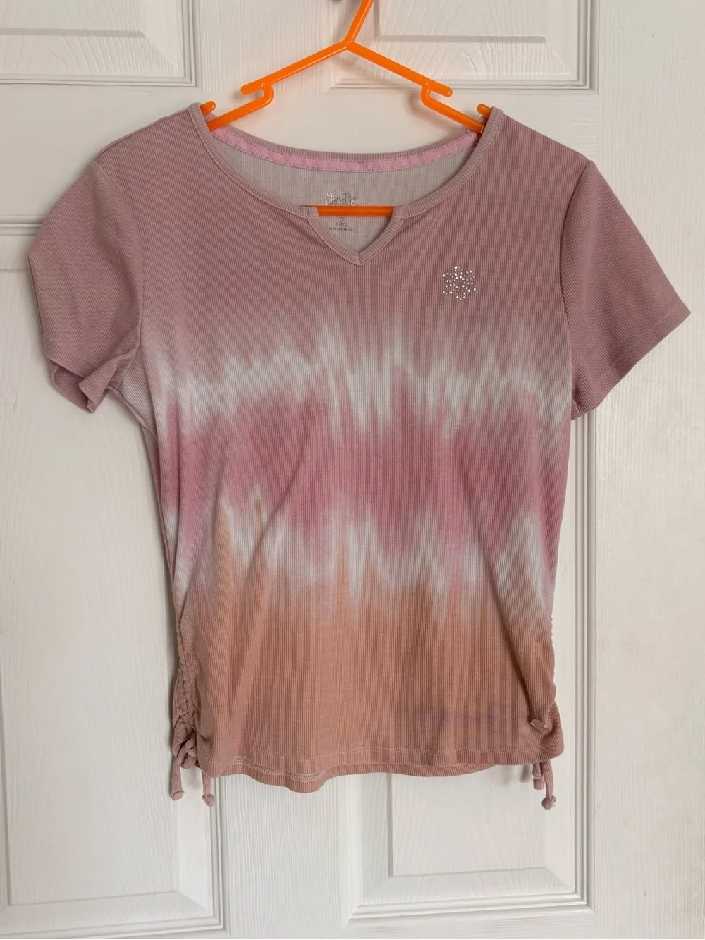 Justice Pink Tie-Dye Ribbed Tee XL Girls Short Sleeve Side Ruched Top